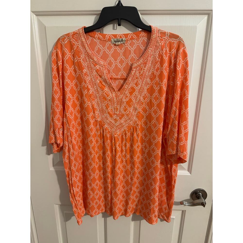 One World Rayon Notch Neck Lightweight Short Sleeve Blouse Orange Plus 3XL XXXL